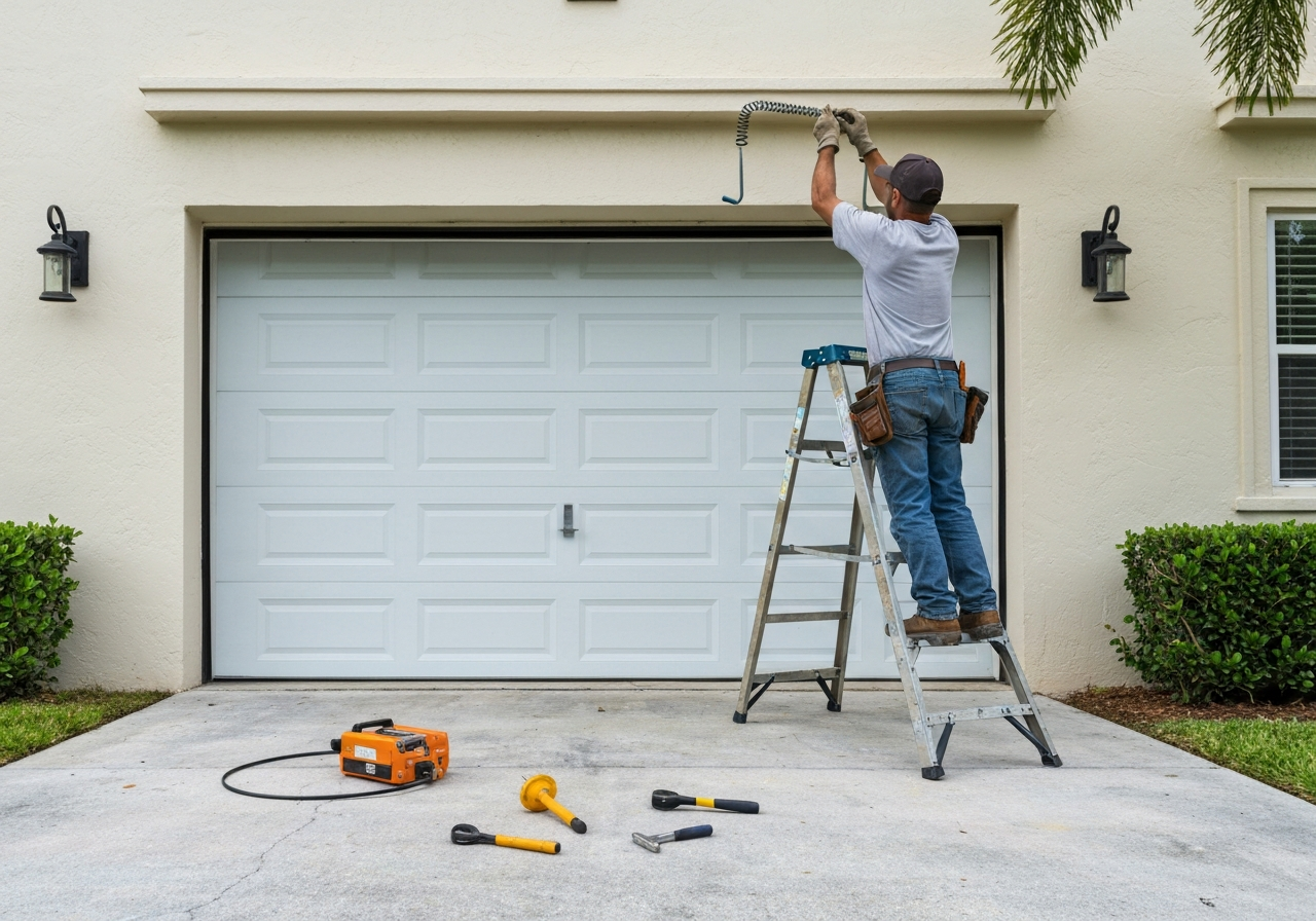 Garage door repair technician working on overhead door mechanism