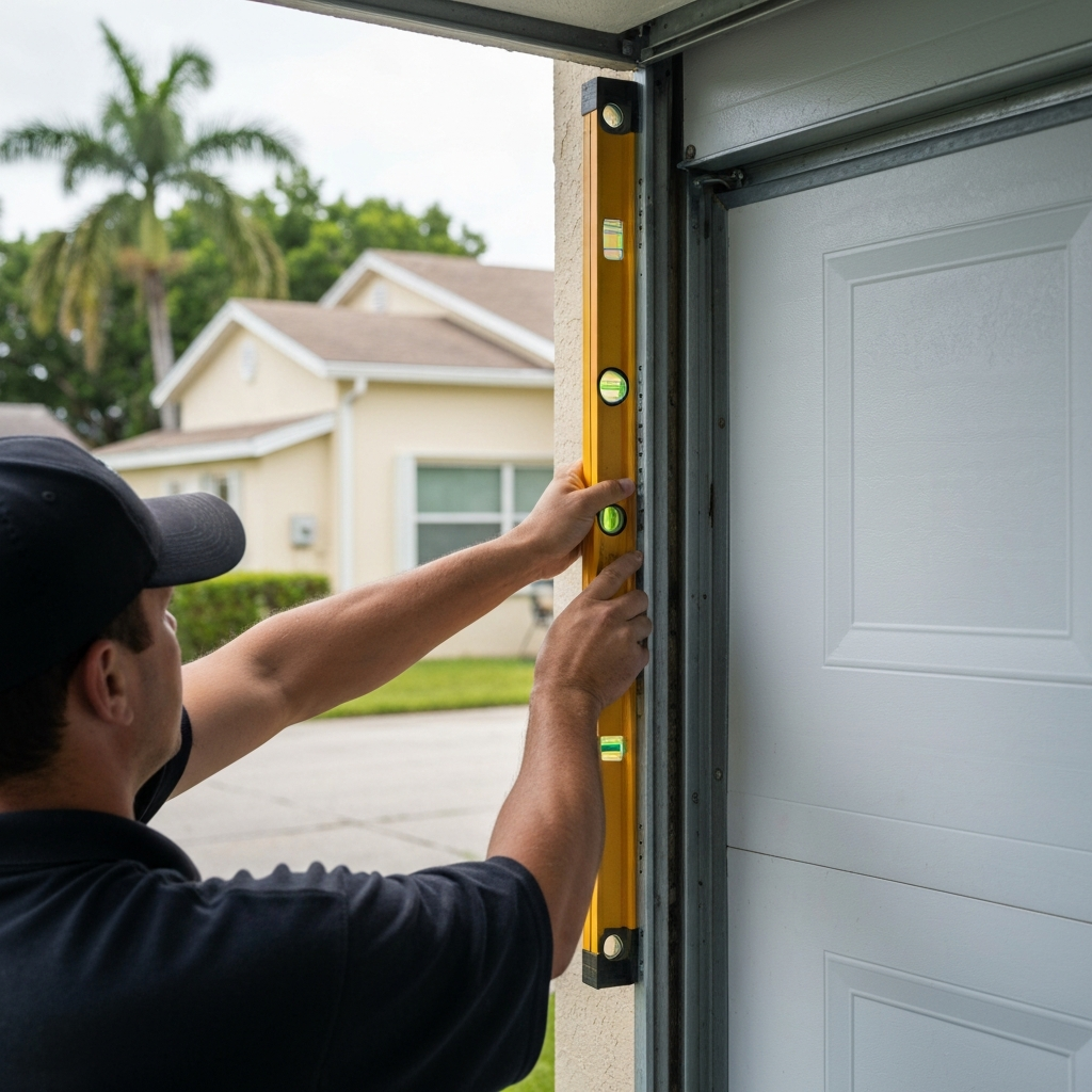 Professional checks garage door frame alignment with a level