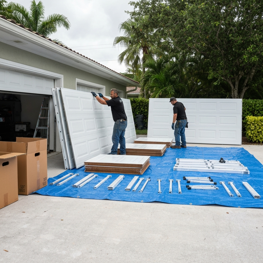 Installers prepare new white garage door panels and hardware for installation.