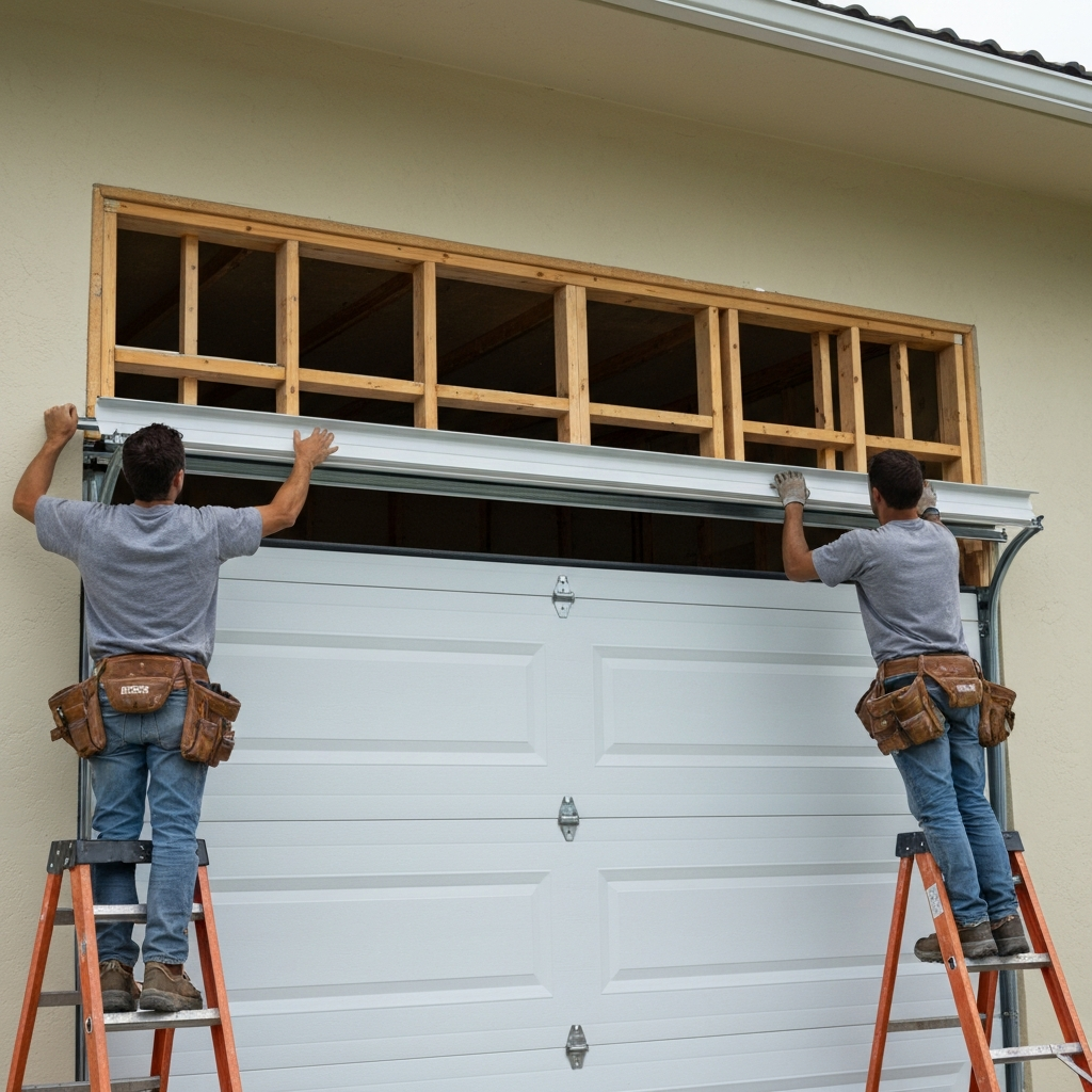 Garage door installation by professionals on ladders.
