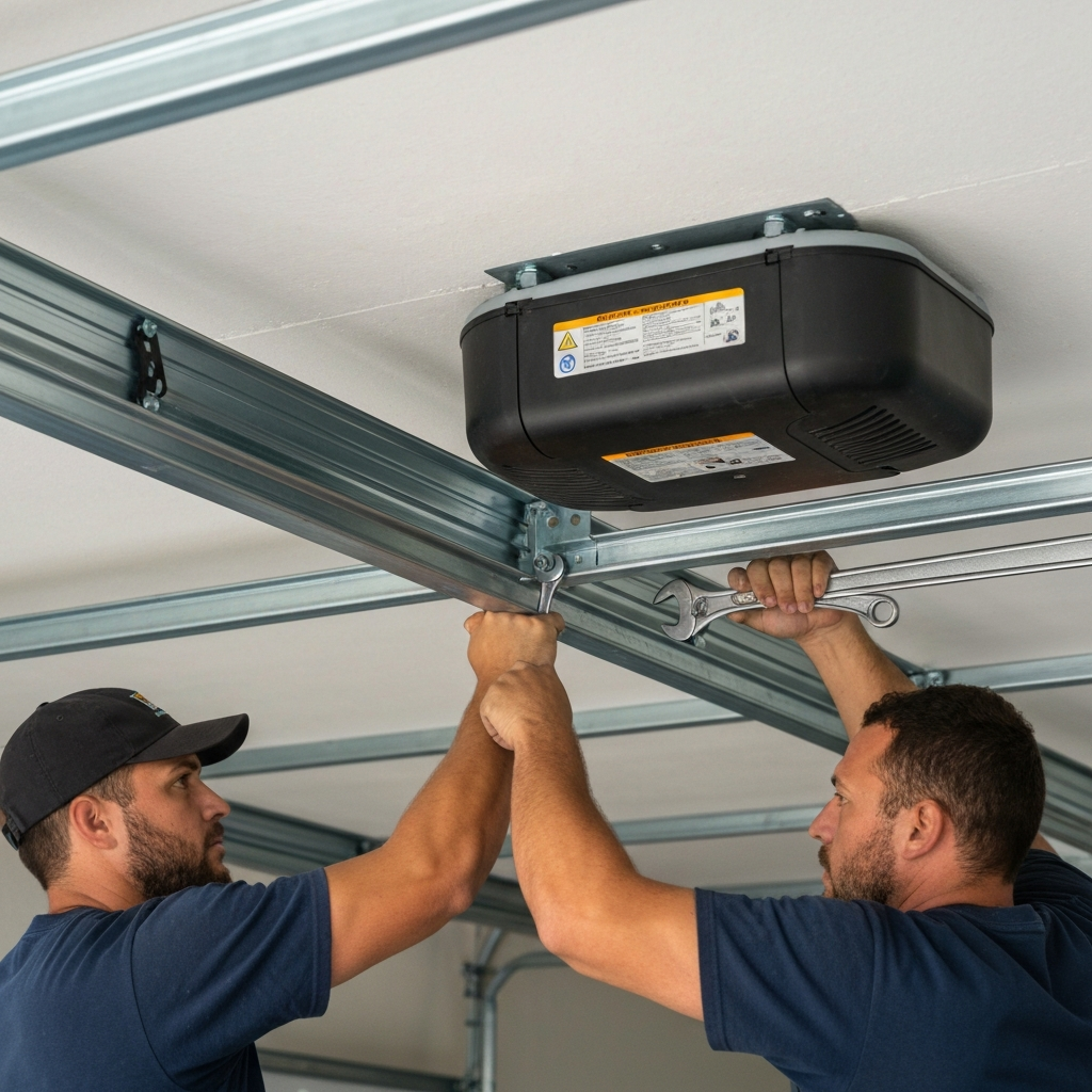 Professionals installing a garage door opener mechanism.