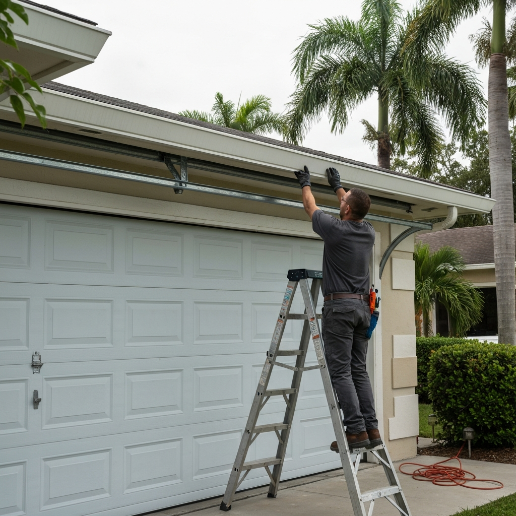 Technician repairs garage door parts on a ladder. in Gladeview, FL