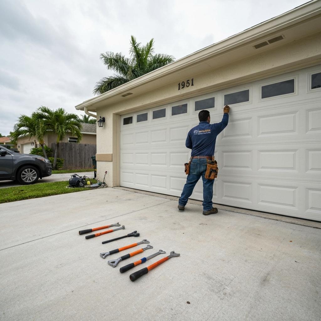 Garage door technician servicing door parts with tools in Miami, FL