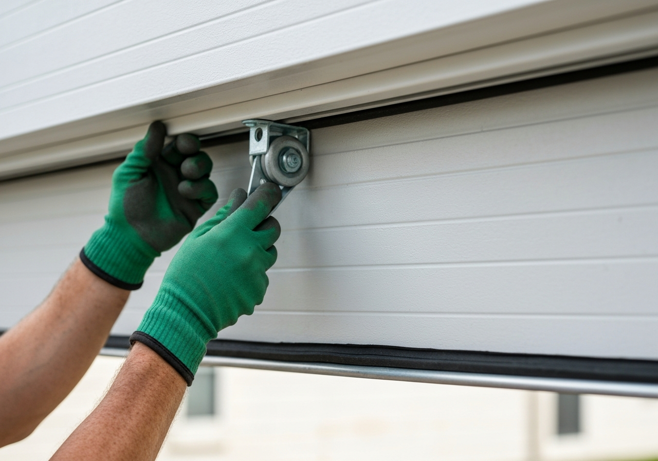 Technician repairing garage door roller mechanism in Miami, FL