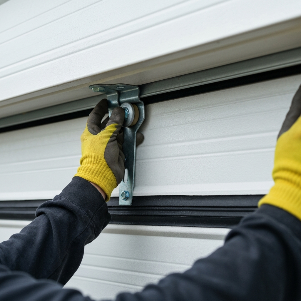 Gloved hand adjusts garage door roller during emergency repair in Flagami, FL